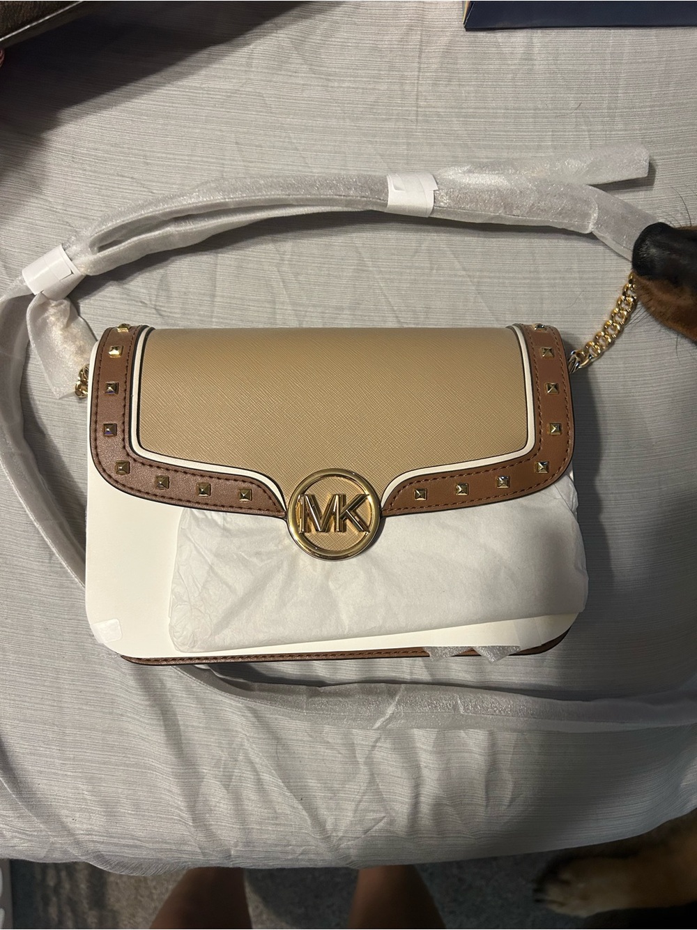 Michael Kors Beige, White & Brown Crossbody with Gold MK Emblem